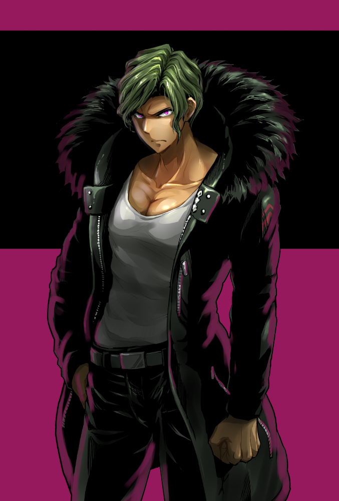1boy arm_at_side bangs belt black_coat black_pants closed_mouth coat collarbone commentary_request cowboy_shot dangan_ronpa_(series) dangan_ronpa_3_(anime) fur-trimmed_jacket fur_trim green_hair hand_on_hip hands_in_pockets jacket long_sleeves looking_at_viewer male_focus open_clothes pants pectorals pink_background sakakura_juuzou shirt shirt_tucked_in short_hair solo standing violet_eyes white_shirt youko-shima