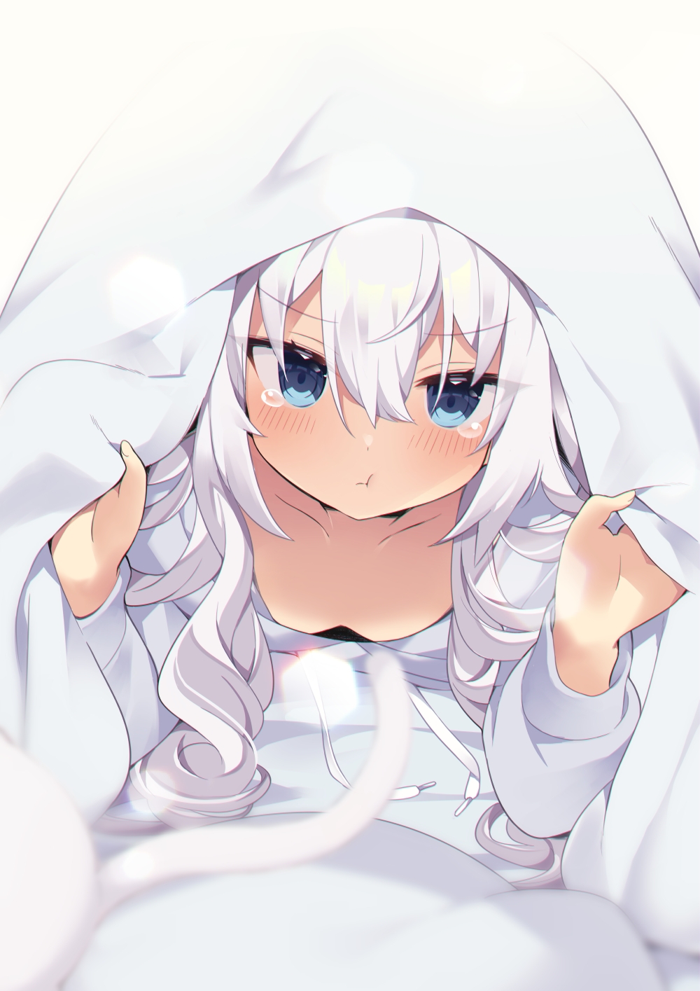 1girl :t animal blue_eyes blush breasts cat collarbone downblouse drawstring hair_between_eyes head_tilt highres hood hoodie long_hair long_sleeves looking_at_viewer lying msp_sammy on_stomach original pout small_breasts solo tears under_covers white_hair white_hoodie