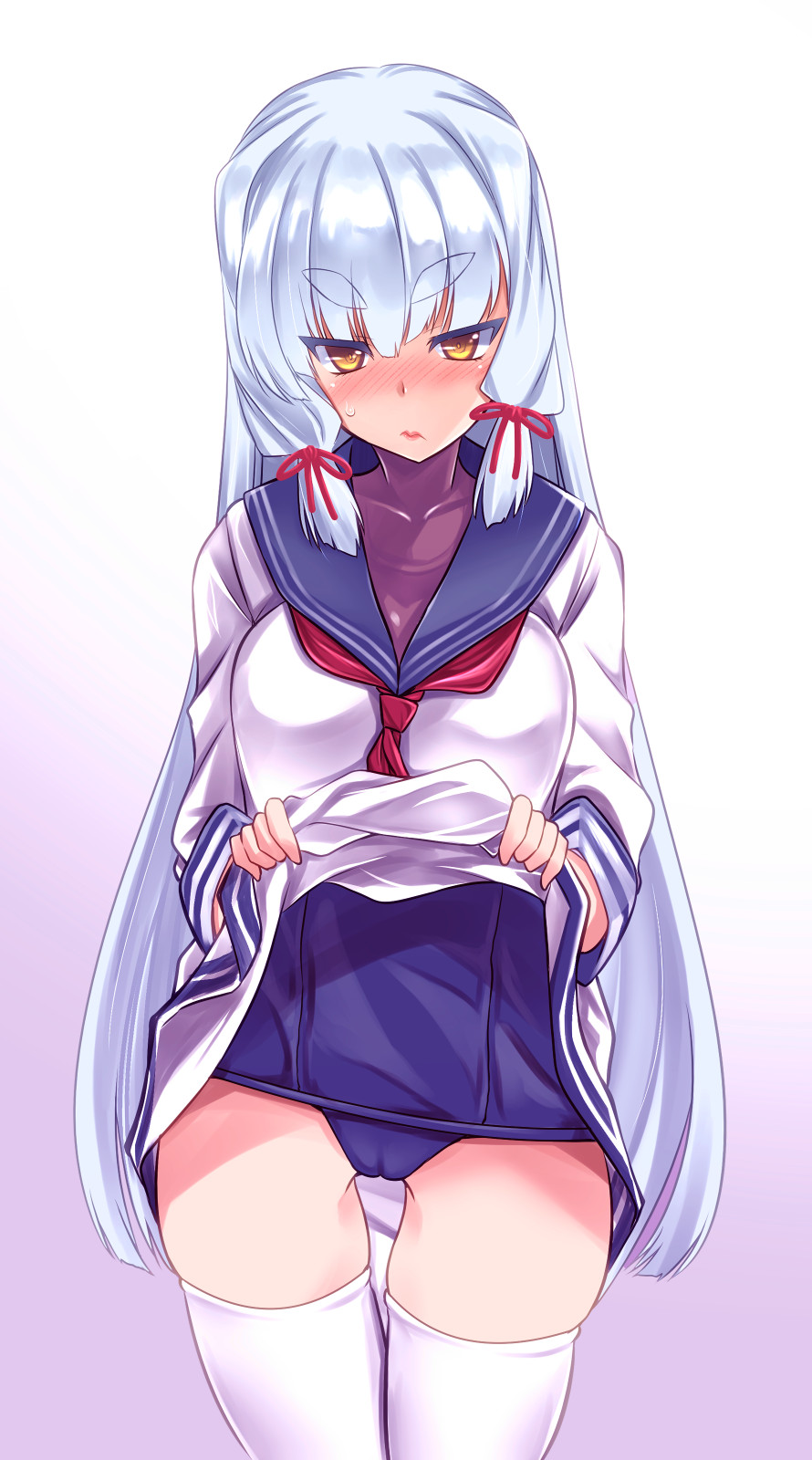 1girl black_shirt blue_swimsuit commentary_request cowboy_shot dress dress_lift hair_ribbon hakkai highres kantai_collection long_hair looking_at_viewer murakumo_(kantai_collection) necktie no_headgear orange_eyes red_neckwear ribbon sailor_dress school_uniform shirt short_eyebrows sidelocks silver_hair solo standing swimsuit swimsuit_under_clothes thigh-highs tress_ribbon undershirt white_legwear