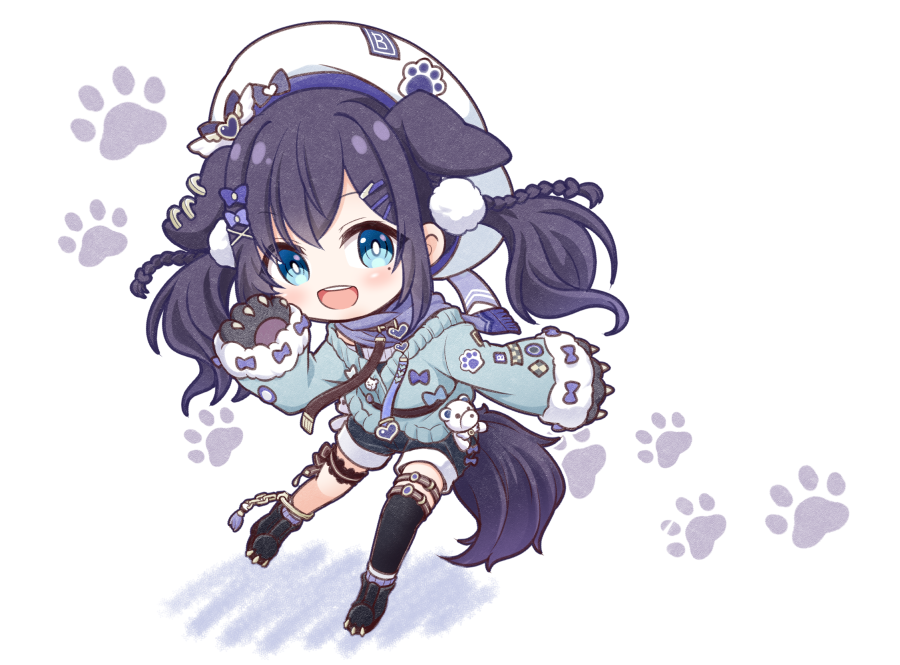 1girl :d aiba_uiha animal_ears beret black_footwear black_gloves black_hair black_legwear black_shorts blue_eyes blue_jacket blush boots bow braid chibi commentary_request full_body fur-trimmed_sleeves fur_trim gloves hair_bow hair_ornament hairclip hat jacket kadose_ara kemonomimi_mode long_hair long_sleeves mole mole_under_eye nijisanji open_mouth paw_boots paw_gloves paws purple_bow short_shorts shorts single_thighhigh sleeves_past_wrists smile solo tail thigh-highs thighhighs_under_boots twin_braids twintails upper_teeth virtual_youtuber white_background white_headwear x_hair_ornament