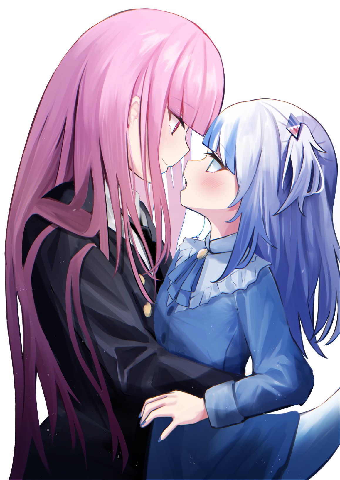 2girls bangs black_suit blue_bow blue_hair blue_shirt blunt_bangs blush bow bowtie closed_mouth collared_shirt eye_contact eyebrows_visible_through_hair fish_tail flat_chest formal from_side gawr_gura hair_ornament highres hololive hololive_english hug long_hair long_sleeves looking_at_another medium_hair messy_hair mori_calliope multiple_girls open_mouth pink_hair red_eyes shark_tail shirt side_ponytail sidelocks smile suit tail upper_body virtual_youtuber white_background wing_collar yuzuno_kaori