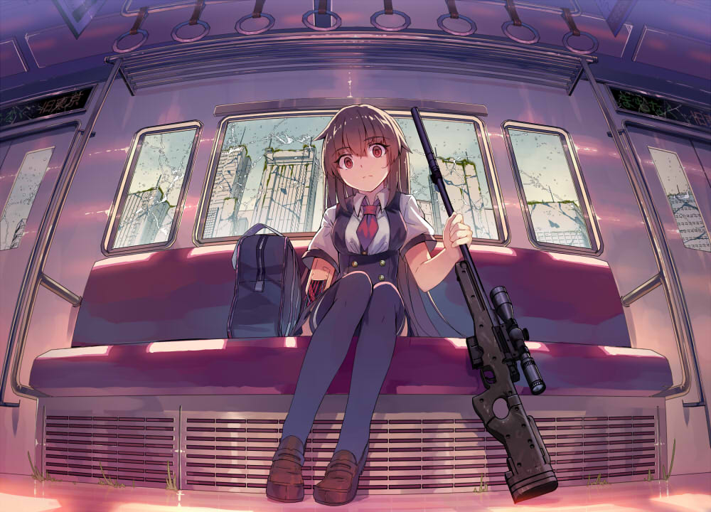 1girl accuracy_international ai_arctic_warfare bag bolt_action brown_footwear brown_hair building commentary_request damaged from_ground ground_vehicle gun holding holding_gun holding_weapon loafers mecha_musume mechanical_parts necktie original overgrown red_eyes red_necktie rifle scope shoes sitting skirt skyscraper sniper_rifle thigh-highs thighs train train_interior weapon yasumo_(kuusouorbital) zettai_ryouiki
