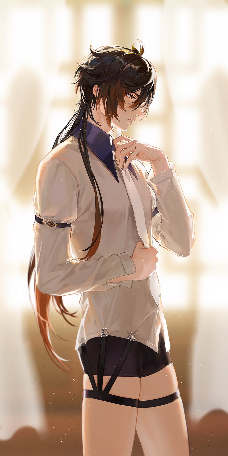 1boy adjusting_clothes adjusting_necktie bike_shorts black_hair black_shorts buttons cccgs5 collared_shirt commentary_request dress_shirt dressing from_side genshin_impact gradient_hair highres long_hair long_sleeves looking_away looking_down male_focus multicolored_hair necktie orange_hair parted_lips profile shirt shirt_stay shorts skindentation sleeve_garters solo thigh_strap very_long_hair white_neckwear white_shirt yellow_eyes zhongli_(genshin_impact)