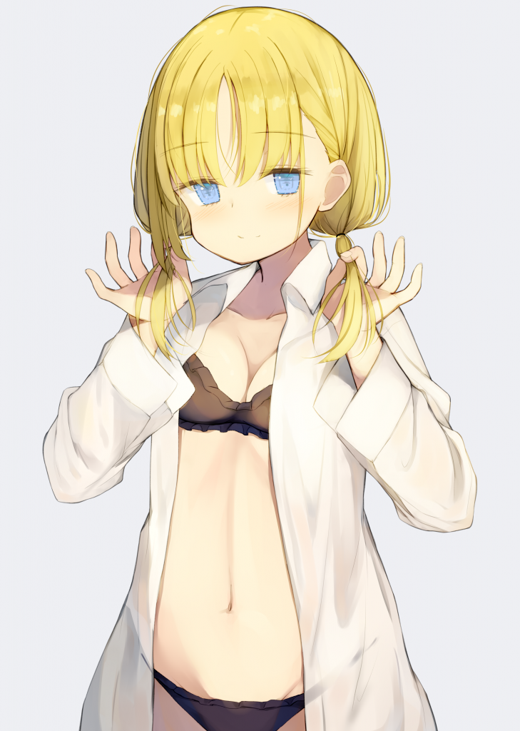 1girl bangs black_bra black_panties blonde_hair blue_eyes blush bra breasts dress_shirt eyebrows_visible_through_hair frilled_bra frilled_panties frills hair_grab hands_up kamizaki_hibana looking_at_viewer navel open_clothes open_shirt original panties see-through shirt simple_background small_breasts smile solo standing twintails underwear upper_body white_shirt