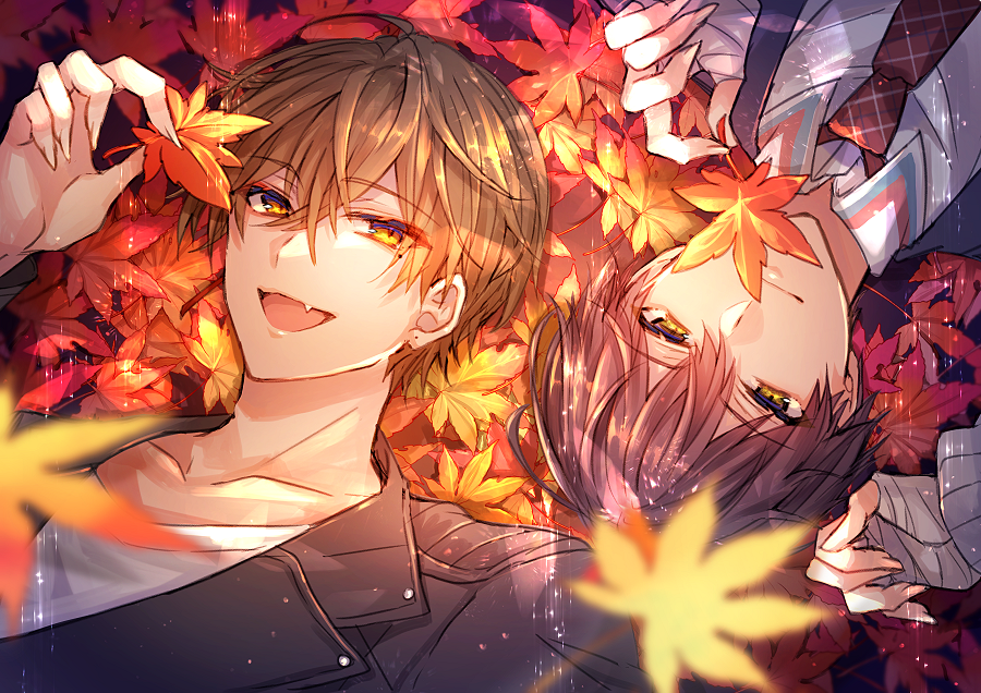 2boys :d arm_up autumn_leaves bandaged_hands bandages bangs black_hair black_jacket blurry blurry_foreground brown_eyes brown_hair closed_mouth collared_shirt depth_of_field eyebrows_visible_through_hair fang fushimi_gaku hair_between_eyes hand_up jacket kenmochi_touya leaf long_sleeves looking_at_viewer lying male_focus maple_leaf mole mole_under_eye multiple_boys necktie nijisanji on_back open_mouth red_neckwear shikino_yuki shirt smile upper_body virtual_youtuber white_shirt