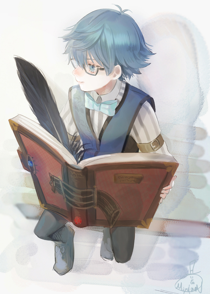 1boy ahoge arm_belt black-framed_eyewear black_pants blue_bow blue_eyes blue_hair blue_neckwear blue_vest book bow bowtie closed_mouth commentary_request fate/extra fate/extra_ccc fate/grand_order fate_(series) feathers glasses hans_christian_andersen_(fate) holding holding_book light_smile long_sleeves looking_away looking_to_the_side mizutame_tori open_book pants profile rectangular_eyewear semi-rimless_eyewear shirt signature sitting solo striped striped_shirt under-rim_eyewear vertical-striped_shirt vertical_stripes vest white_shirt wing_collar