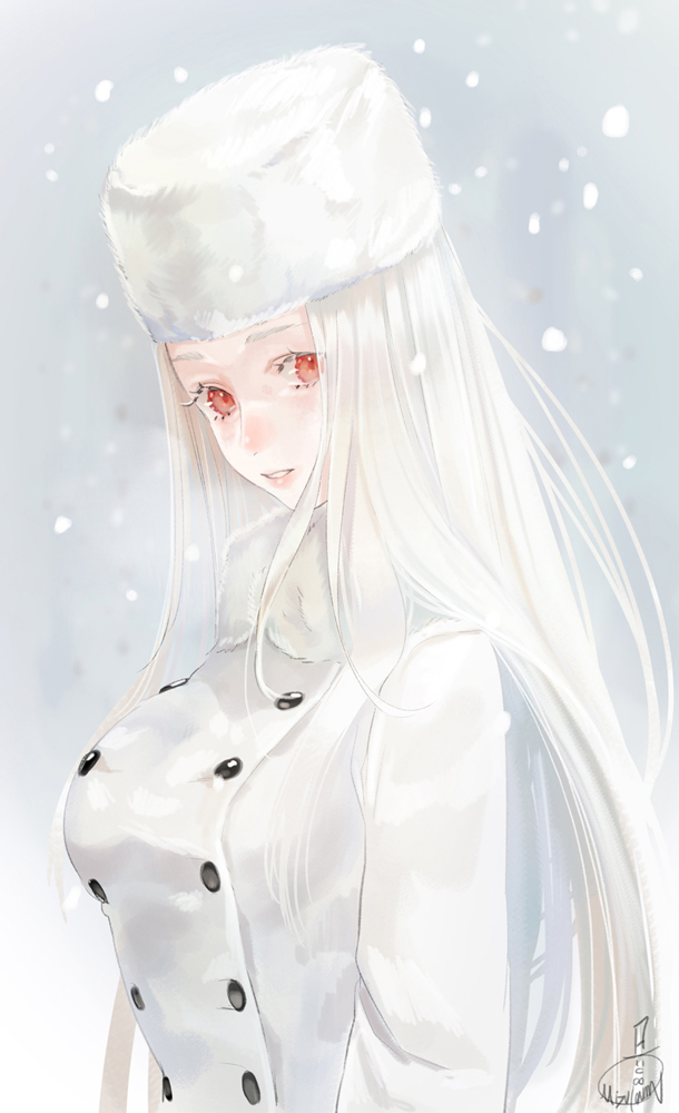 1girl albino breasts buttons coat commentary_request fate/zero fate_(series) from_side fur_coat fur_collar fur_hat hat head_tilt irisviel_von_einzbern large_breasts long_hair long_sleeves looking_at_viewer mizutame_tori parted_lips red_eyes sideways_glance snowing solo straight_hair upper_body white_coat white_hair white_headwear white_theme winter_clothes winter_coat
