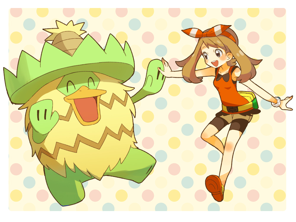 1girl :d bike_shorts blush border bow_hairband breasts brown_hair commentary_request fanny_pack gen_3_pokemon hairband holding_hand long_hair ludicolo may_(pokemon) open_mouth outside_border pokemon pokemon_(creature) pokemon_(game) pokemon_oras polka_dot polka_dot_background popcorn_91 shirt shoes shorts sleeveless sleeveless_shirt smile teeth white_border
