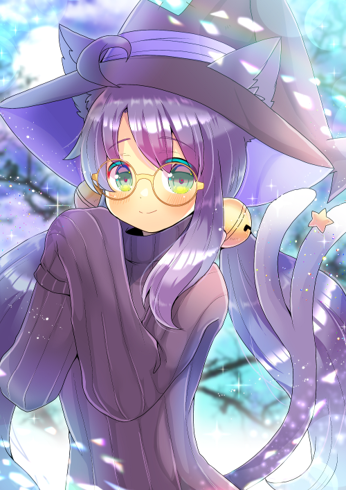 1girl ahoge animal_ear_fluff bangs bell black_headwear black_sweater blurry blurry_background closed_mouth depth_of_field ears_through_headwear eyebrows_visible_through_hair glasses green_eyes hair_bell hair_ornament hat indie_virtual_youtuber jingle_bell kouu_hiyoyo long_hair long_sleeves looking_at_viewer low_twintails mystia_celeste nekomata purple_hair ribbed_sweater round_eyewear sleeves_past_fingers sleeves_past_wrists smile solo star_(symbol) sweater turtleneck turtleneck_sweater twintails upper_body very_long_hair virtual_youtuber witch_hat