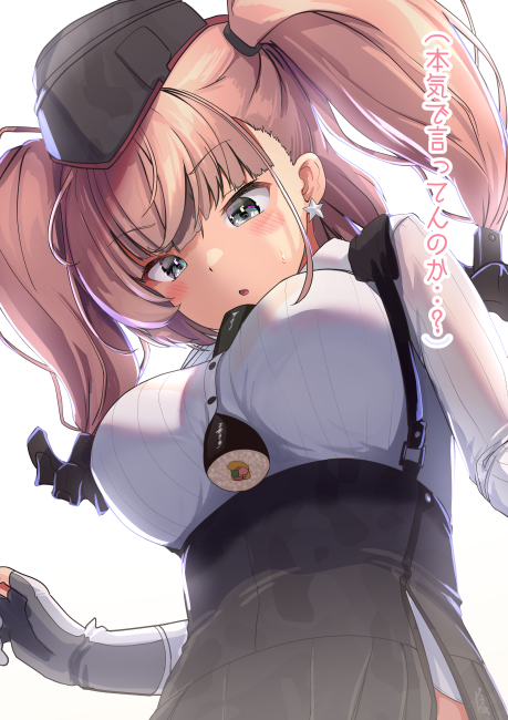 1girl anchor_hair_ornament atlanta_(kantai_collection) between_breasts black_headwear black_skirt breasts brown_hair commentary_request cowboy_shot dress_shirt earrings food from_below garrison_cap gloves grey_eyes hair_ornament hat high-waist_skirt jewelry kantai_collection large_breasts long_hair long_sleeves looking_down makizushi partially_fingerless_gloves shirt skirt soba_chatarou_(tita) solo star_(symbol) star_earrings sushi suspender_skirt suspenders translation_request two_side_up white_gloves white_shirt