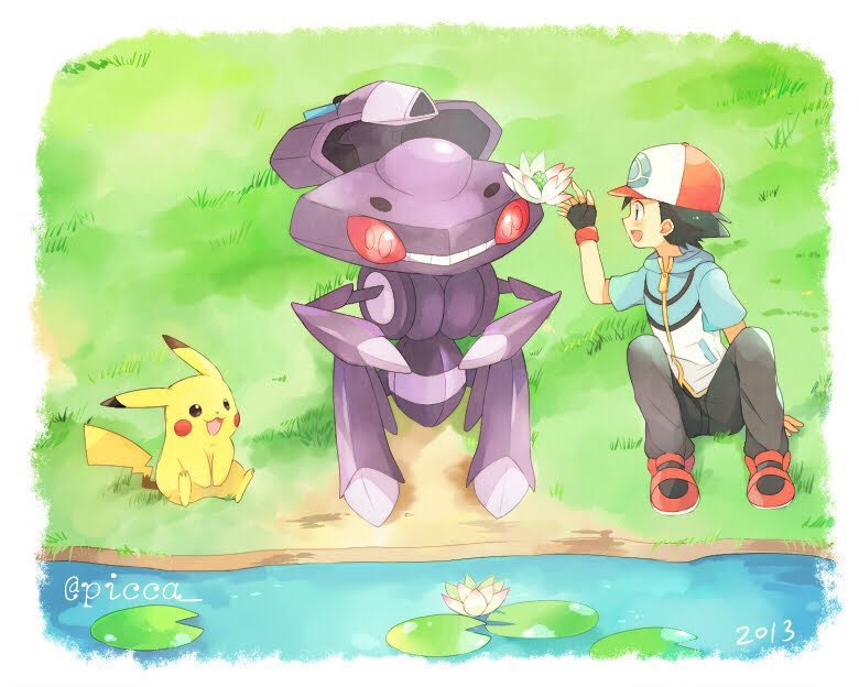 1boy ash_ketchum baseball_cap black_gloves black_hair blush commentary_request day fingerless_gloves gen_1_pokemon gen_5_pokemon genesect gloves grass grey_pants hand_up hat jacket lily_pad looking_to_the_side male_focus mei_(maysroom) mythical_pokemon open_mouth outdoors pants pikachu pokemon pokemon_(anime) pokemon_(creature) pokemon_bw_(anime) shoes short_sleeves signature sitting smile tongue water zipper_pull_tab