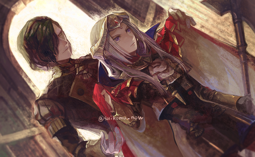 1boy 1girl blonde_hair cape cheekbones closed_mouth edelgard_von_hresvelg fake_horns fire_emblem fire_emblem:_three_houses garreg_mach_monastery_uniform gloves hair_between_eyes hair_ornament hair_ribbon horned_headwear horns hubert_von_vestra long_hair long_sleeves red_cape ribbon short_hair smile suikomu_now uniform violet_eyes white_hair