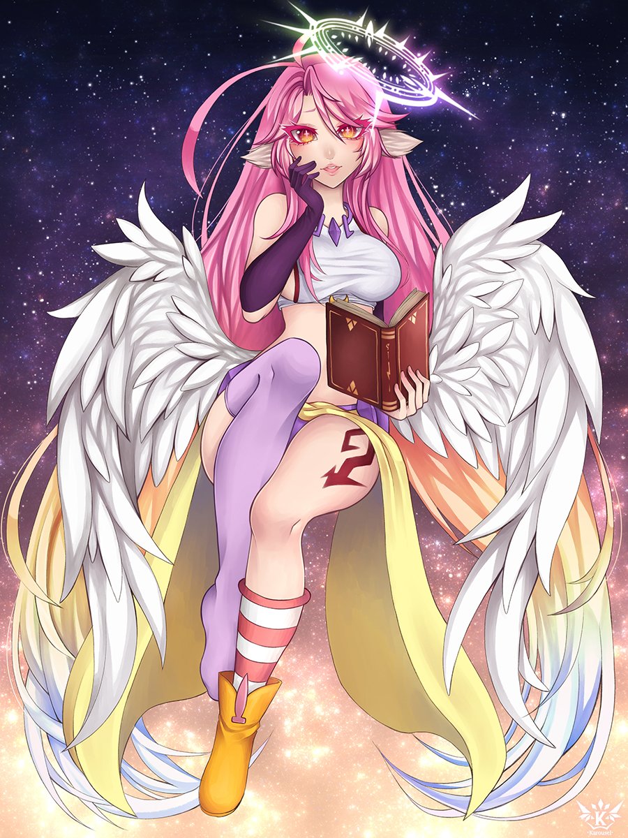1girl angel_wings book breasts crop_top cross english_commentary feathered_wings gloves gradient_eyes gradient_hair halo highres holding holding_book jibril_(no_game_no_life) karousel large_breasts long_hair looking_at_viewer low_wings magic_circle midriff mismatched_legwear multicolored multicolored_eyes multicolored_hair no_game_no_life open_mouth orange_eyes pink_hair shoes sideboob single_shoe solo symbol-shaped_pupils tattoo white_wings wing_ears wings yellow_eyes