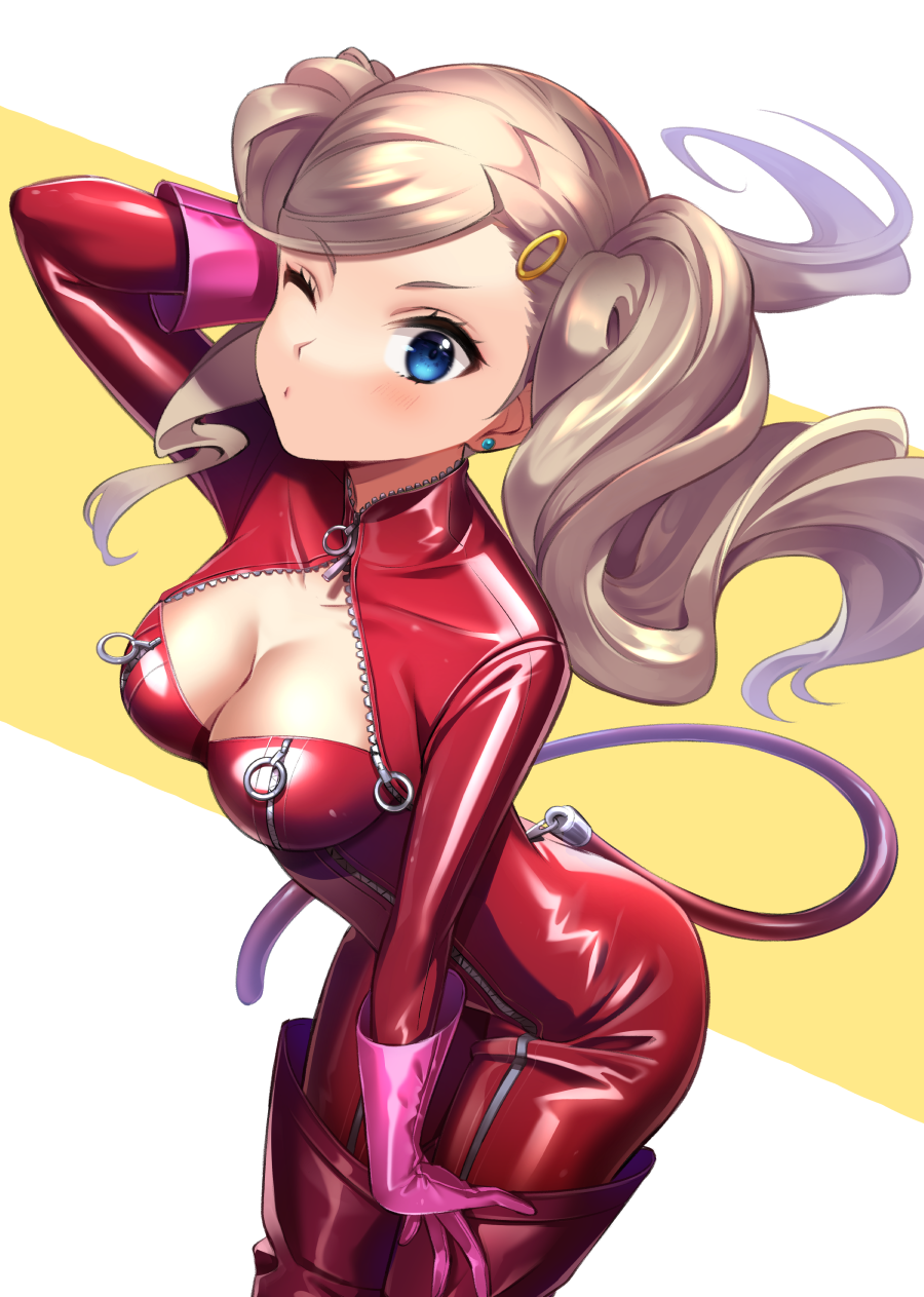 1girl blonde_hair blue_eyes bodysuit boots cat_tail catsuit gloves highres long_hair omochimochi one_eye_closed persona persona_5 persona_5:_dancing_star_night persona_5_the_royal persona_dancing pink_gloves red_bodysuit red_footwear shiny shiny_clothes solo tail takamaki_anne thigh-highs thigh_boots whip zipper