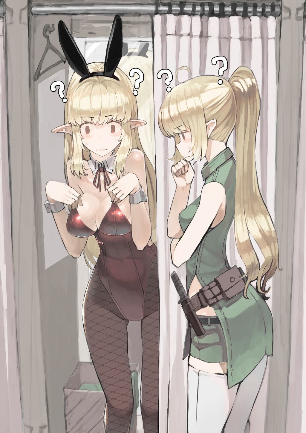 2girls ? bare_shoulders belt belt_pouch blonde_hair blush breasts brown_legwear brown_leotard changing_room closed_mouth detached_collar dress dressing_room elf fishnet_legwear fishnets green_dress green_shorts high_ponytail highres large_breasts leotard long_hair medium_breasts multiple_girls neck_ribbon original pantyhose playboy_bunny pointy_ears ponytail pouch red_neckwear red_ribbon ribbon short_dress shorts side_slit sidelocks sweat tefec thigh-highs thinking very_long_hair white_legwear wrist_cuffs