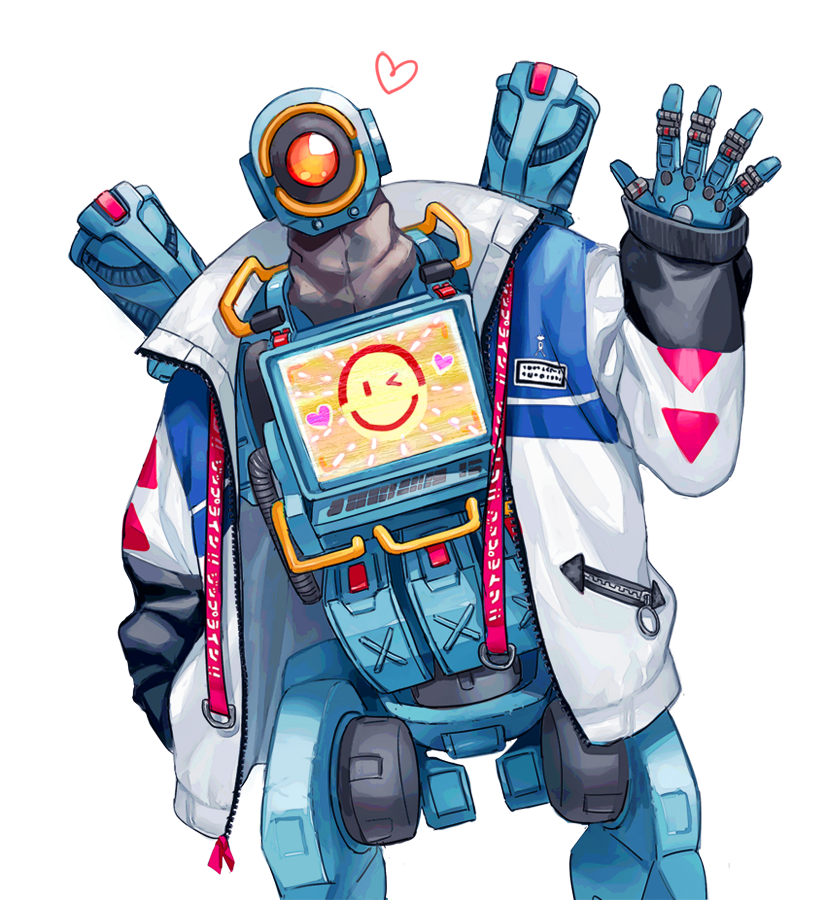 1boy apex_legends heart humanoid_robot jacket leaning_to_the_side looking_at_viewer male_focus nashigawa no_humans one-eyed pathfinder_(apex_legends) red_eyes robot science_fiction screen solo waving white_background white_jacket