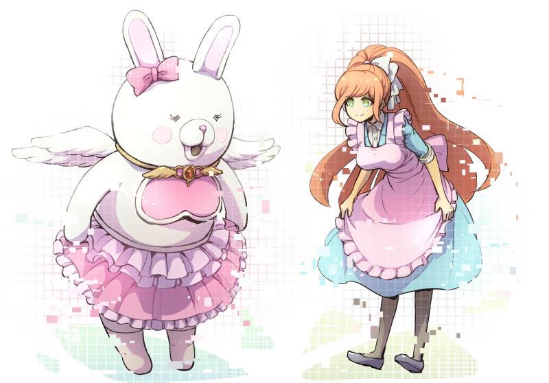 1girl apron commentary_request curtsey dangan_ronpa_(series) dangan_ronpa_3_(anime) digital_dissolve ear_bow green_eyes hair_ribbon high_ponytail long_hair maid monomi_(dangan_ronpa) orange_hair pantyhose rabbit ribbon simple_background skirt_hold smile usami_(dangan_ronpa) white_background wings youko-shima yukizome_chisa