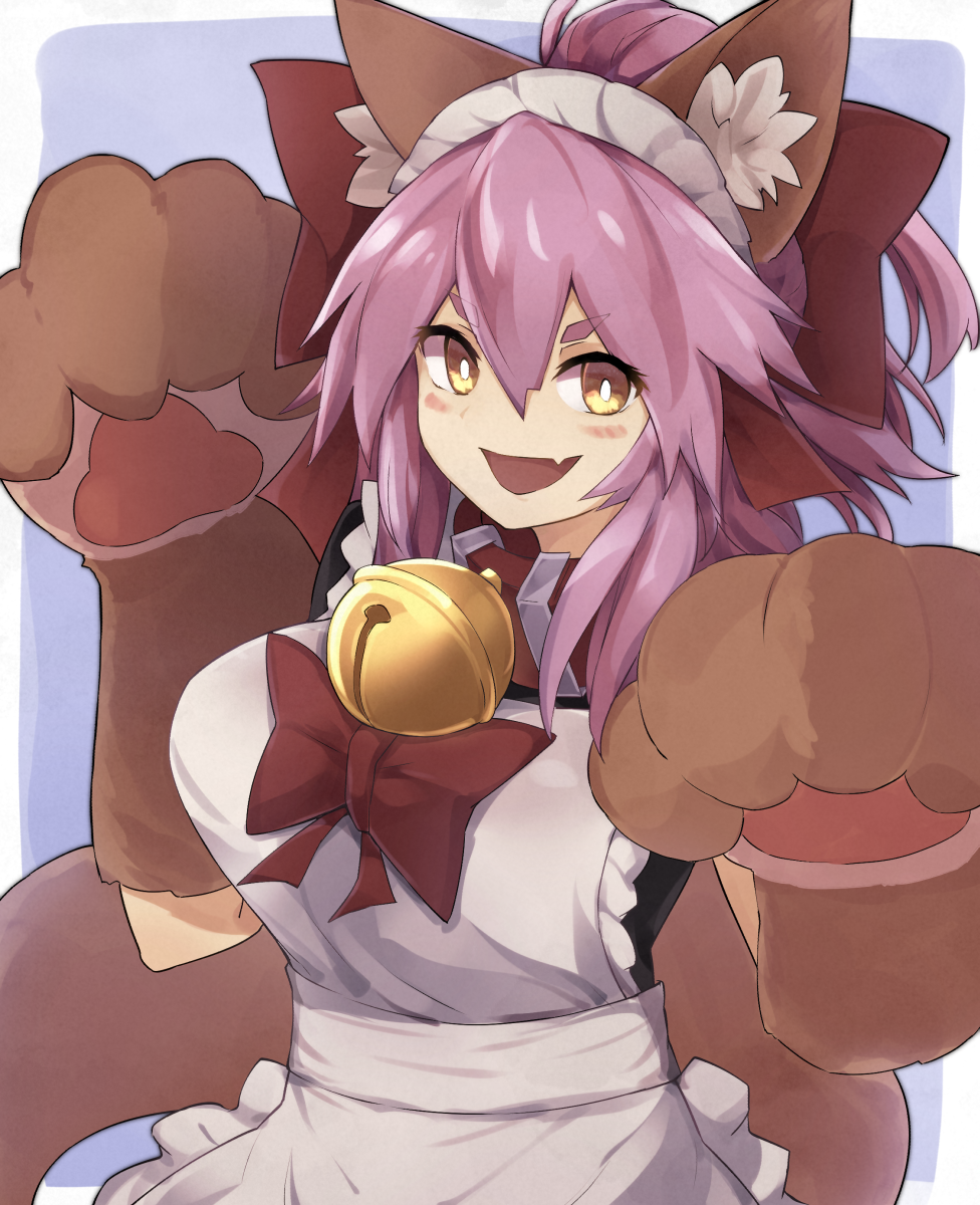 1girl :d animal_ear_fluff animal_ears apron bangs bell bell_collar black_dress blush bow breasts brown_gloves claw_pose collar dress fang fate/grand_order fate_(series) fox_ears gloves hair_between_eyes hair_bow hands_up highres jingle_bell looking_at_viewer maid open_mouth paw_gloves paws pink_hair red_bow red_collar short_sleeves skin_fang smile solo tamamo_(fate)_(all) tamamo_cat_(fate) upper_body white_apron yellow_eyes yonaga