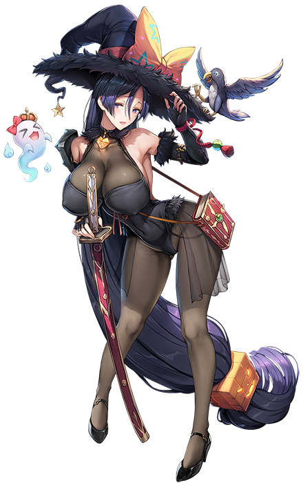 1girl bangs bare_shoulders black_gloves blush breasts dress fate/grand_order fate_(series) fingerless_gloves gloves hat long_hair minamoto_no_raikou_(fate) parted_bangs purple_hair sayika smile very_long_hair violet_eyes witch_hat