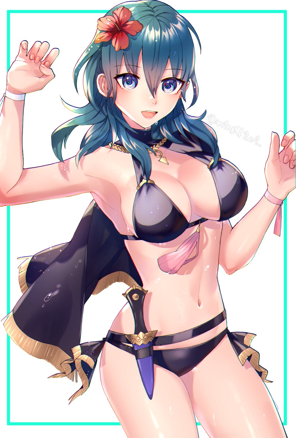 1girl armpits bikini blue_eyes blue_hair breasts byleth_(fire_emblem) byleth_eisner_(female) commentary_request cowboy_shot dagger eyebrows_visible_through_hair eyes_visible_through_hair fire_emblem fire_emblem:_three_houses flower hair_between_eyes hair_flower hair_ornament highres large_breasts looking_at_viewer mano_(m1n0f2e1) medium_hair navel open_mouth sheath sheathed simple_background solo swimsuit teeth tongue weapon white_background