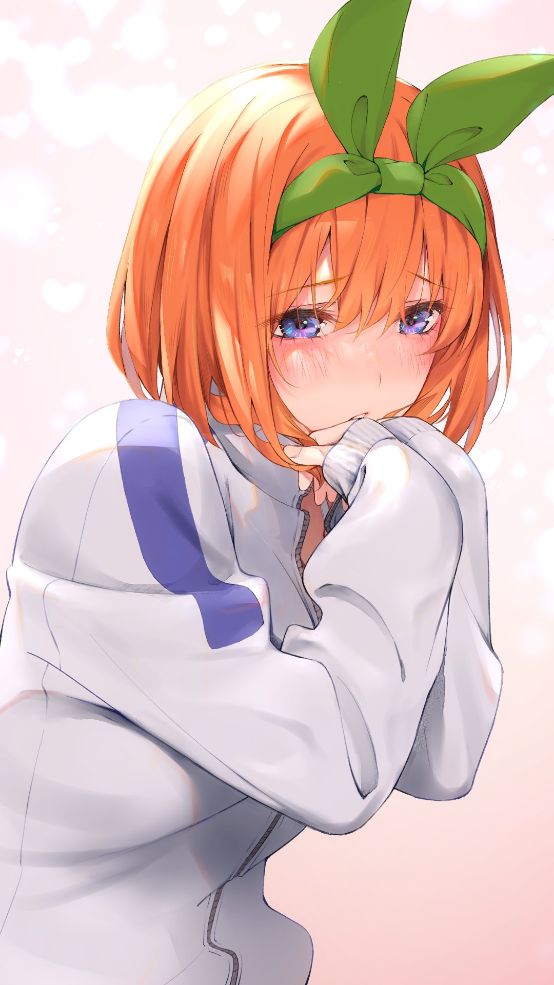 1girl blue_eyes blush commentary_request covering_mouth eyebrows_visible_through_hair fingernails furrowed_eyebrows go-toubun_no_hanayome gradient gradient_background green_ribbon hair_between_eyes hair_ribbon hand_to_own_mouth highres looking_down nakano_yotsuba orange_hair pink_background ribbon shishamo_(masato_k) short_hair simple_background solo sweater upper_body white_sweater