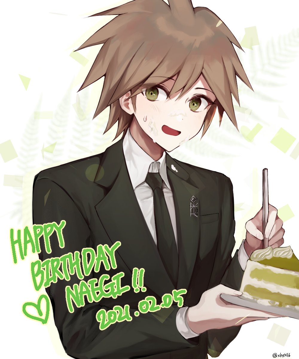 16_(0xhsk16) 1boy ahoge artist_name bangs blush brown_hair brown_jacket cake cake_slice character_name collared_shirt commentary_request dangan_ronpa:_trigger_happy_havoc dangan_ronpa_(series) dated eyebrows_visible_through_hair food fork green_eyes happy_birthday highres holding holding_fork holding_plate jacket looking_at_viewer male_focus naegi_makoto necktie open_mouth plate shirt short_hair smile solo striped sweat upper_body white_shirt