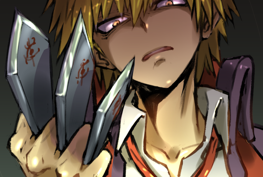 1boy angry bangs blonde_hair collarbone commentary_request dangan_ronpa_(series) dangan_ronpa_3_(anime) hands_up holding izayoi_sounosuke jacket knife looking_at_viewer male_focus shirt short_hair solo upper_teeth weapon white_shirt yellow_eyes youko-shima