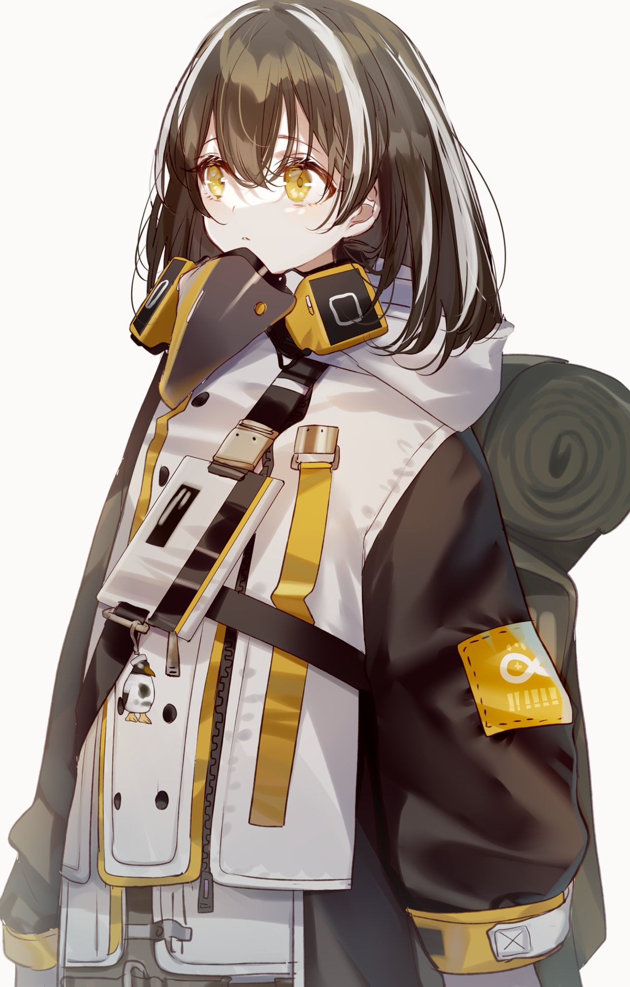 1girl arknights backpack bag brown_hair charm_(object) coat highres magallan_(arknights) misumi_(macaroni) multicolored_hair rhine_lab_logo streaked_hair winter_clothes winter_coat yellow_eyes