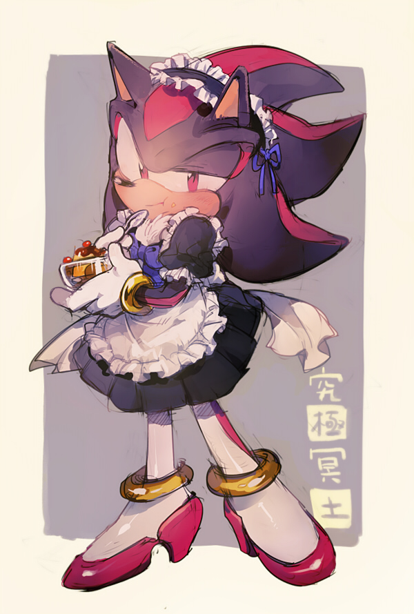 1boy alternate_costume animal_nose aoki_(fumomo) apron black_dress bow bowtie closed_mouth crossdressinging dress eating enmaided full_body gloves high_heels holding holding_spoon maid maid_apron maid_headress male_focus red_bow red_eyes red_footwear shadow_the_hedgehog solo sonic_the_hedgehog spoon white_apron white_gloves