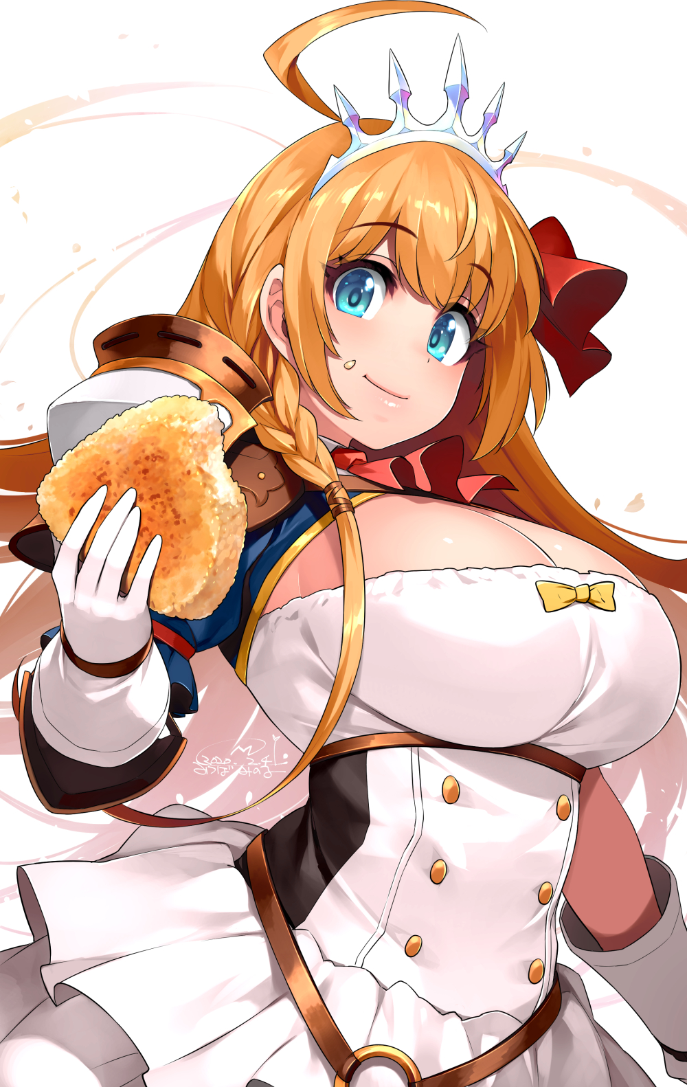 1girl ahoge bangs blue_eyes braid breasts commentary dated eating eyebrows_visible_through_hair food food_on_face food_request gloves hair_ribbon happa_(cloverppd) highres large_breasts long_hair looking_at_viewer orange_hair pecorine_(princess_connect!) princess_connect! princess_connect!_re:dive red_ribbon ribbon signature simple_background skirt smile solo tiara white_gloves white_skirt