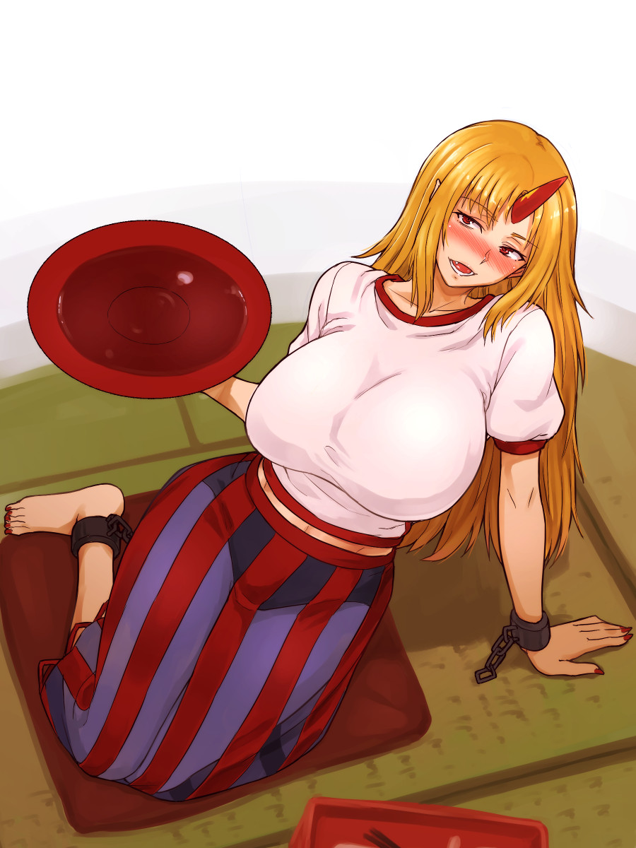 1girl arm_support bangs barefoot blonde_hair blue_skirt blush breasts cuffs cup eyebrows_visible_through_hair highres holding holding_cup horns hoshiguma_yuugi huge_breasts kakone looking_at_viewer oni_horns open_mouth red_eyes red_horns red_nails sakazuki shackles shirt short_sleeves simple_background single_horn sitting skirt solo star_(symbol) striped striped_skirt tatami touhou white_background white_shirt yokozuwari