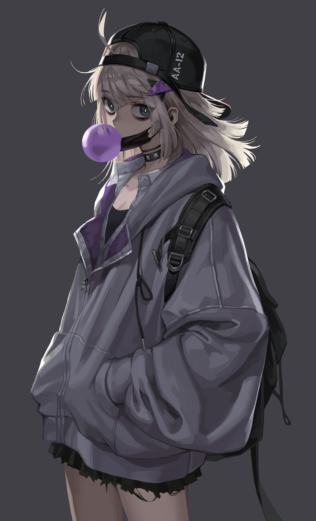1girl aa-12_(girls_frontline) backpack bag bangs baseball_cap black_choker black_headwear bubble_blowing chewing_gum choker coat girls_frontline grey_background grey_coat hair_ornament hands_in_pockets hat highres long_hair looking_at_viewer m2_(guvn5745) mask mask_pull mouth_mask silver_hair simple_background solo star_(symbol) star_hair_ornament zipper zipper_pull_tab