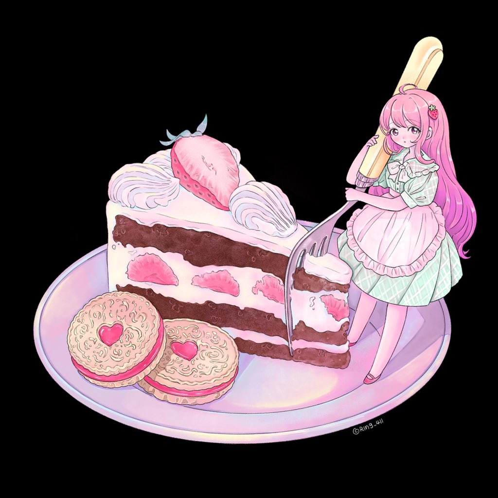 1girl apron black_background cake cookie food food_themed_hair_ornament fork frilled_apron frills fruit hair_ornament holding holding_fork long_hair minigirl original pink_footwear pink_hair puffy_short_sleeves puffy_sleeves ring_411 shadow short_sleeves simple_background solo strawberry strawberry_hair_ornament twitter_username very_long_hair white_apron