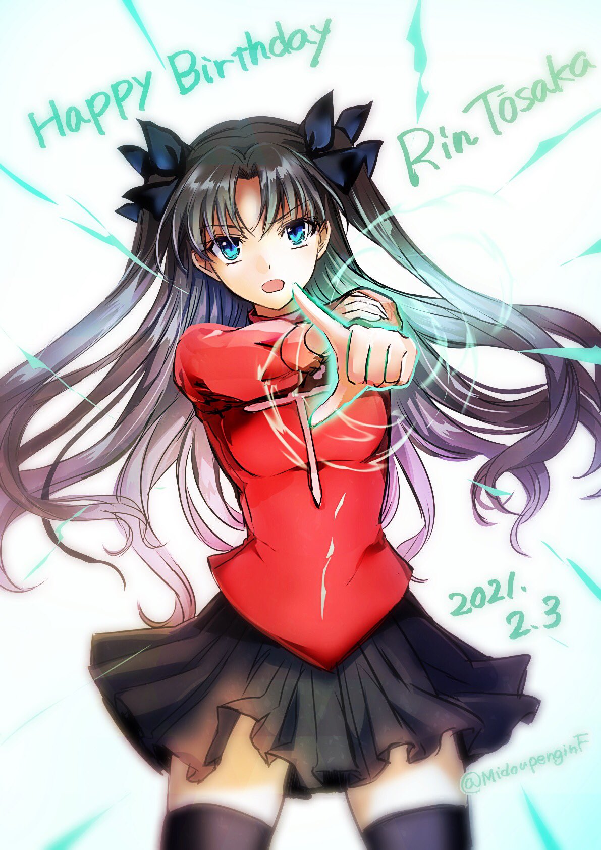 1girl 2021 black_legwear black_ribbon black_skirt blue_eyes brown_hair character_name dated fate/stay_night fate_(series) happy_birthday highres mintes open_mouth outstretched_arm red_sweater ribbon skirt solo sweater thigh-highs tohsaka_rin turtleneck turtleneck_sweater twitter_username white_background zettai_ryouiki