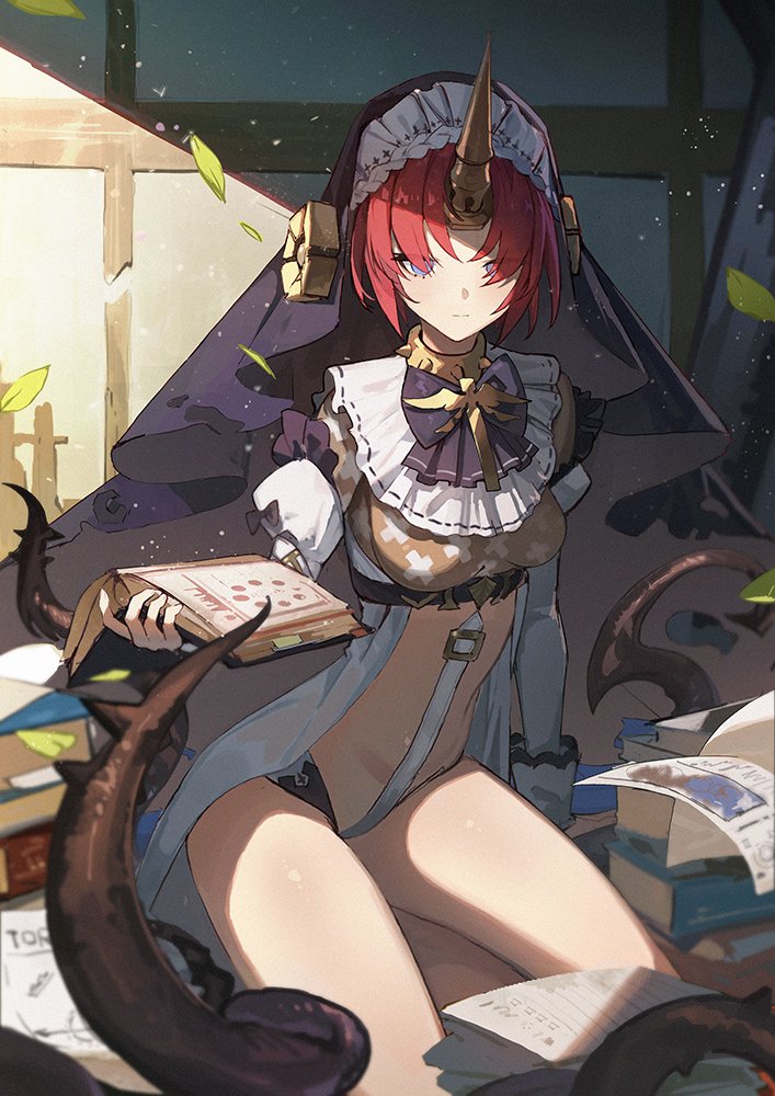 1girl alternate_costume blue_eyes book bow bowtie collar commentary_request fate/apocrypha fate_(series) frankenstein's_monster_(fate) habit hair_over_eyes holding holding_book horns open_book plant redhead revealing_clothes seinen short_hair single_horn sitting solo spiked_collar spikes thorns vines yokozuwari