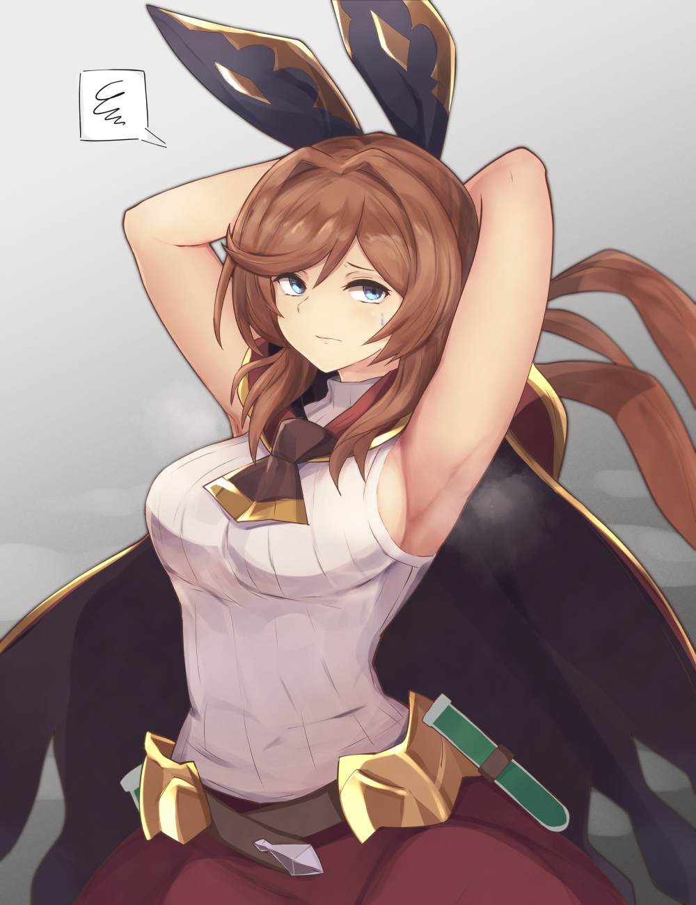 1girl armpits arms_up bare_shoulders blue_eyes breasts brown_hair cape clarisse_(granblue_fantasy) closed_mouth commentary_request cowboy_shot granblue_fantasy hair_ornament highres long_hair looking_at_viewer medium_breasts ponytail simple_background skirt solo speech_bubble sweatdrop yonaga