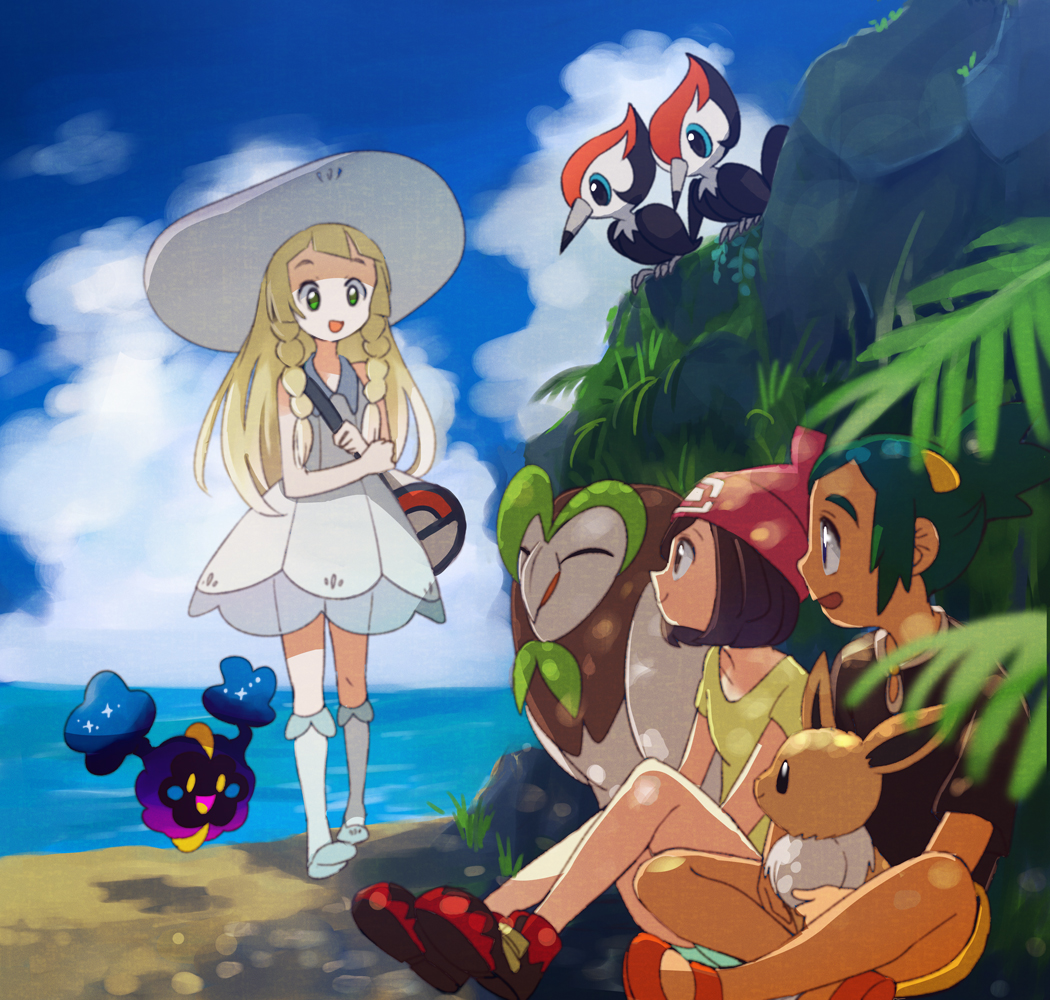 1boy 2girls blonde_hair braid closed_mouth clouds commentary_request cosmog dartrix day dress eevee gen_1_pokemon gen_7_pokemon green_eyes green_hair green_shorts hat hau_(pokemon) holding holding_pokemon legendary_pokemon lillie_(pokemon) long_hair multiple_girls open_mouth orange_shorts outdoors pikipek pokemon pokemon_(creature) pokemon_(game) pokemon_sm popcorn_91 selene_(pokemon) shirt shoes short_sleeves shorts sitting sky sleeveless sleeveless_dress smile socks standing sun_hat t-shirt twin_braids yellow_shirt