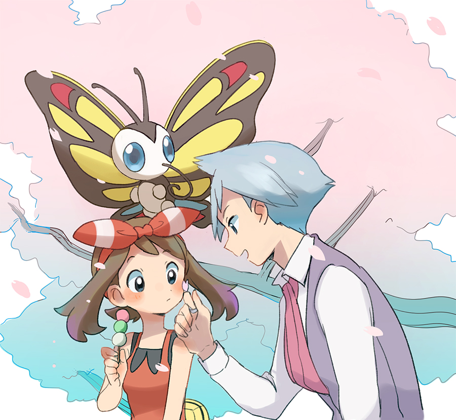 1boy 1girl bangs bare_arms beautifly blush bow_hairband brown_hair closed_mouth collared_shirt commentary_request fanny_pack gen_3_pokemon grey_hair hairband hand_up holding jewelry may_(pokemon) petals pokemon pokemon_(creature) pokemon_(game) pokemon_oras popcorn_91 red_hairband ring shirt sleeveless sleeveless_shirt steven_stone tree_branch vest white_shirt yellow_bag