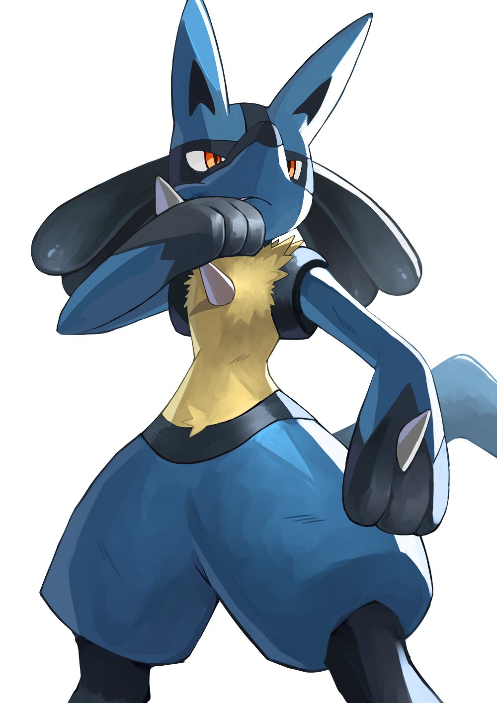 closed_mouth commentary_request from_below gen_4_pokemon hand_up highres legs_apart lucario orange_eyes pokemon pokemon_(creature) solo spikes tesshii_(riza4828) yellow_fur