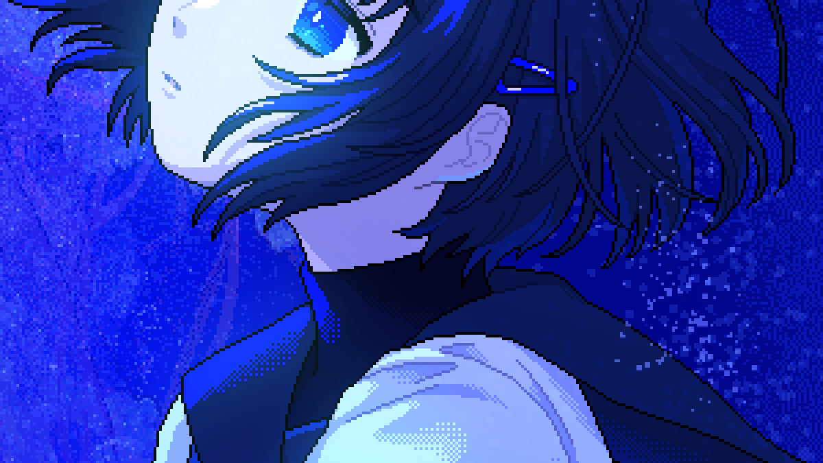 1girl air_bubble blue_eyes bubble close-up from_side hair_ornament hair_strand hairclip high_collar looking_up messy_hair narume original parted_lips pixel_art portrait purple_hair sailor_collar shirt short_hair sidelocks solo submerged white_shirt