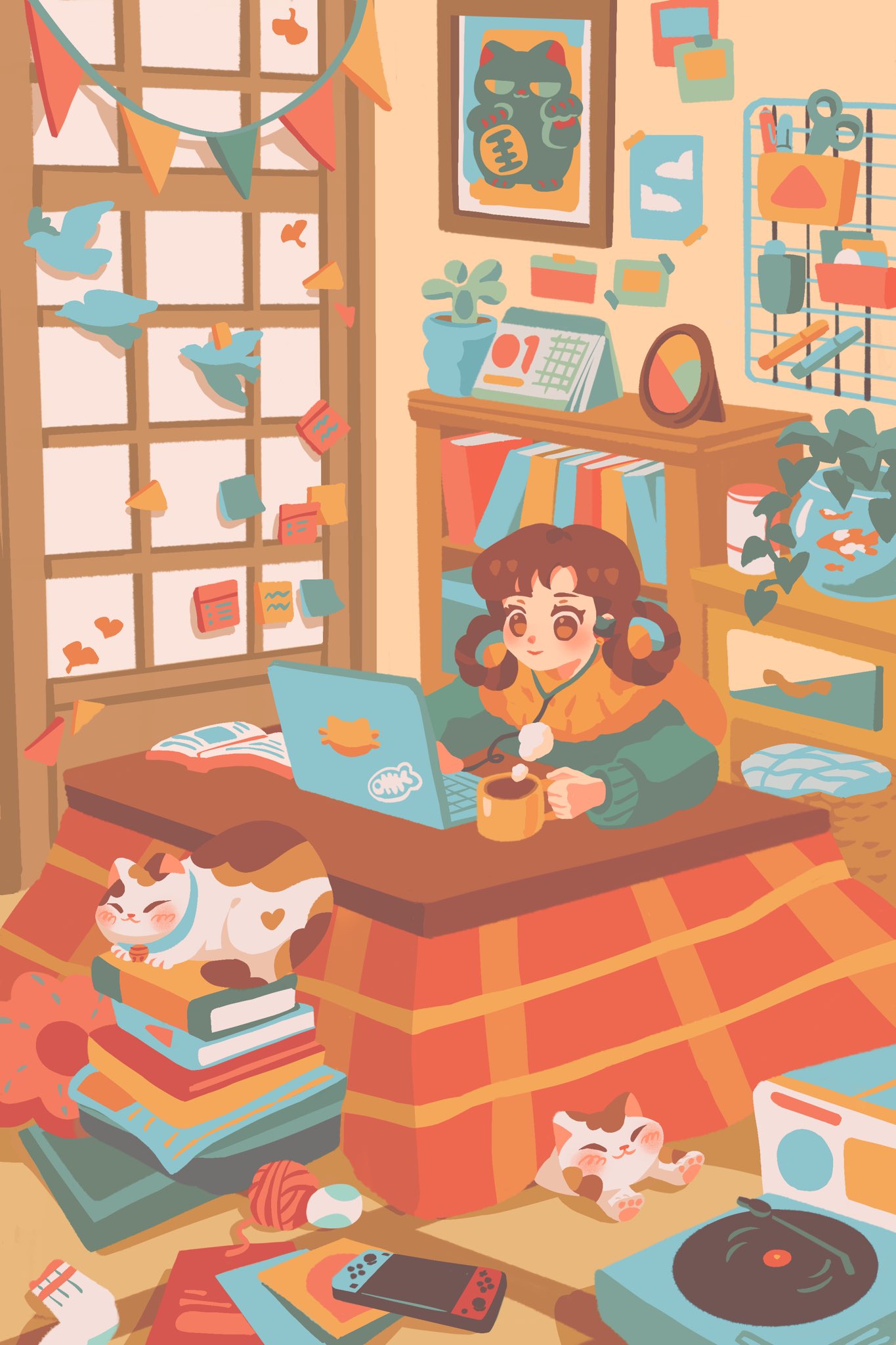 1girl bangs book bookshelf brown_eyes brown_hair cam_(baomii) cat computer earphones earphones highres indoors kotatsu laptop leaf long_sleeves nintendo_switch open_book original phonograph picture_(object) plant shadow shelf single_sock socks socks_removed solo table