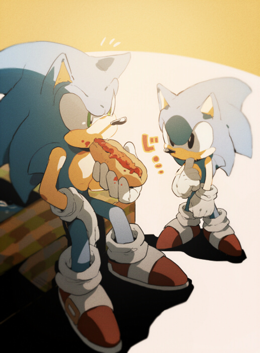 2boys ^^^ aoki_(fumomo) black_eyes dual_persona eating food furry gloves green_eyes holding holding_food hot_dog multiple_boys red_footwear shoes sitting sneakers sonic sonic_generations sonic_the_hedgehog sonic_the_hedgehog_(classic) standing white_gloves