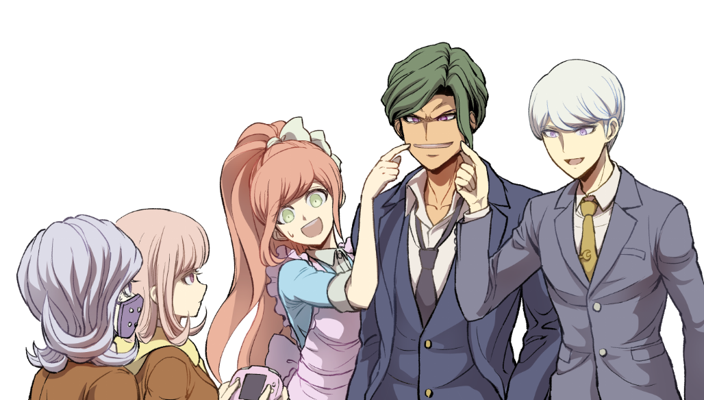 2boys 3girls :d alternate_costume apron blue_dress blue_jacket blue_vest breasts brown_hair brown_jacket collarbone collared_shirt commentary_request crescent crescent_pin dangan_ronpa_(series) dangan_ronpa_3_(anime) dress formal green_eyes green_hair hair_ribbon handheld_game_console high_ponytail holding holding_handheld_game_console hope's_peak_academy_school_uniform jacket kimura_seiko large_breasts long_hair long_ponytail looking_at_another maid maid_apron mask mouth_mask multiple_boys multiple_girls munakata_kyousuke nanami_chiaki necktie open_mouth orange_hair pink_hair ponytail ribbon sakakura_juuzou school_uniform shirt short_hair simple_background smile suit surgical_mask sweatdrop upper_teeth vest violet_eyes white_apron white_background white_hair white_ribbon youko-shima yukizome_chisa