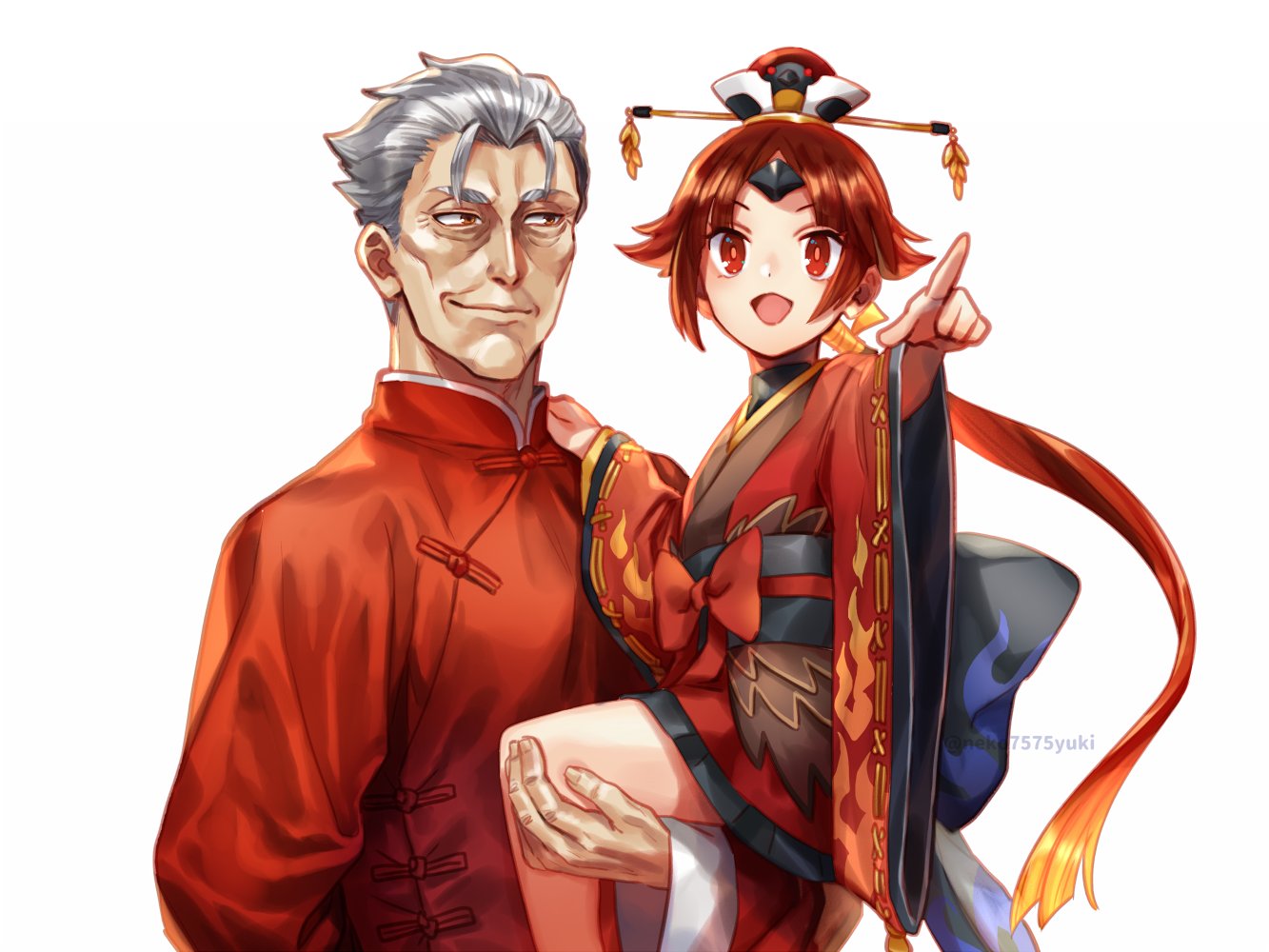 1boy 1girl bangs benienma_(fate) bird_hat brown_headwear carrying commentary_request fate/grand_order fate_(series) feather_trim grey_hair hat japanese_clothes kimono li_shuwen_(fate/grand_order) long_hair long_sleeves looking_at_another low_ponytail neko7575yuki open_mouth parted_bangs pointing red_eyes redhead simple_background smile twitter_username white_background wide_sleeves