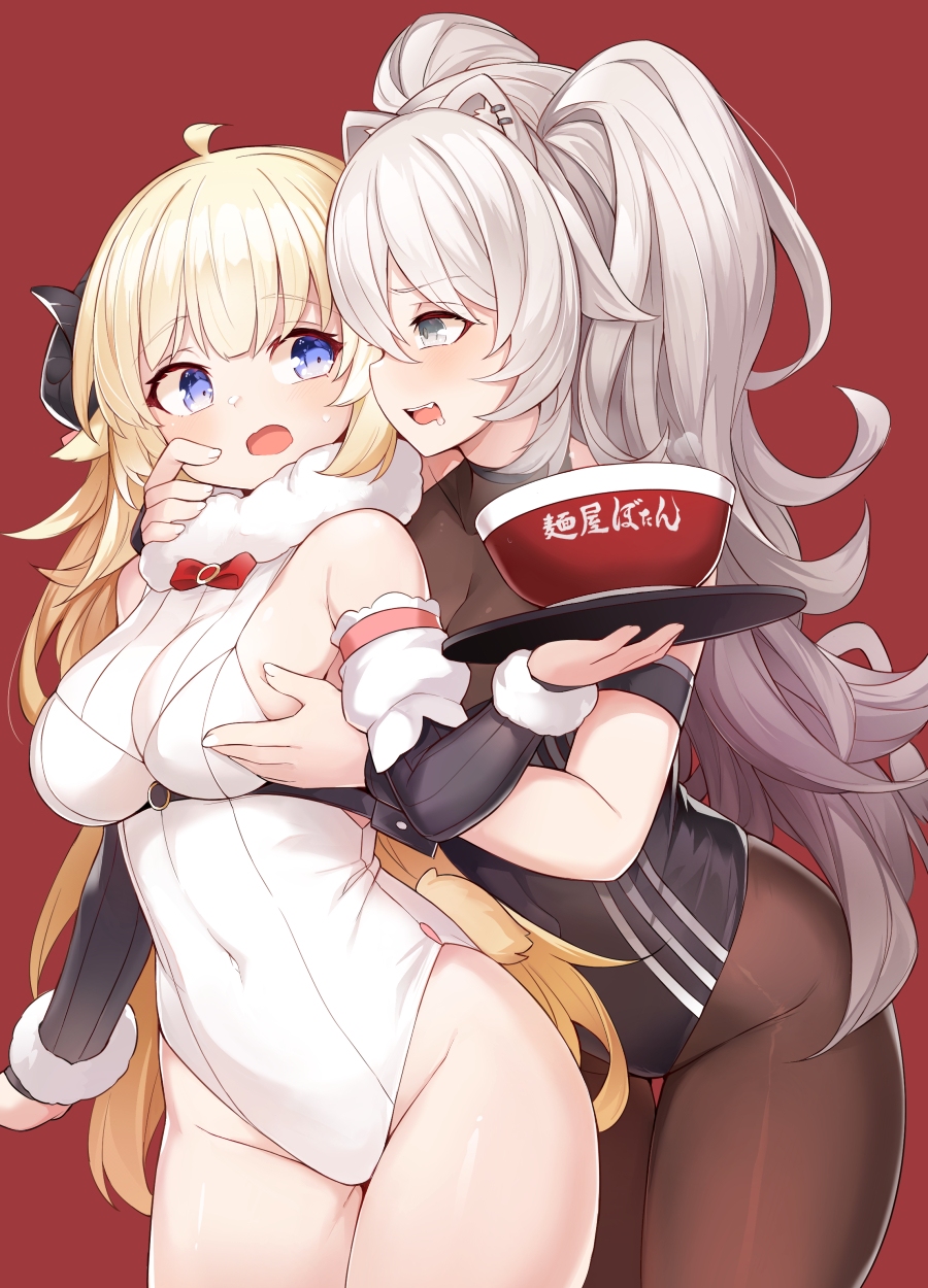 2girls animal_ears bangs black_legwear blonde_hair blue_eyes bow bowl covered_navel curled_horns detached_sleeves dress eyebrows_visible_through_hair fang fur-trimmed_dress fur_trim grey_eyes highres holding hololive horns lion_ears long_hair mou_tama_maru multiple_girls open_mouth pantyhose playboy_bunny red_background saliva sheep_ears sheep_girl sheep_horns shishiro_botan silver_hair simple_background standing steam sweatdrop tray tsunomaki_watame virtual_youtuber wrist_cuffs