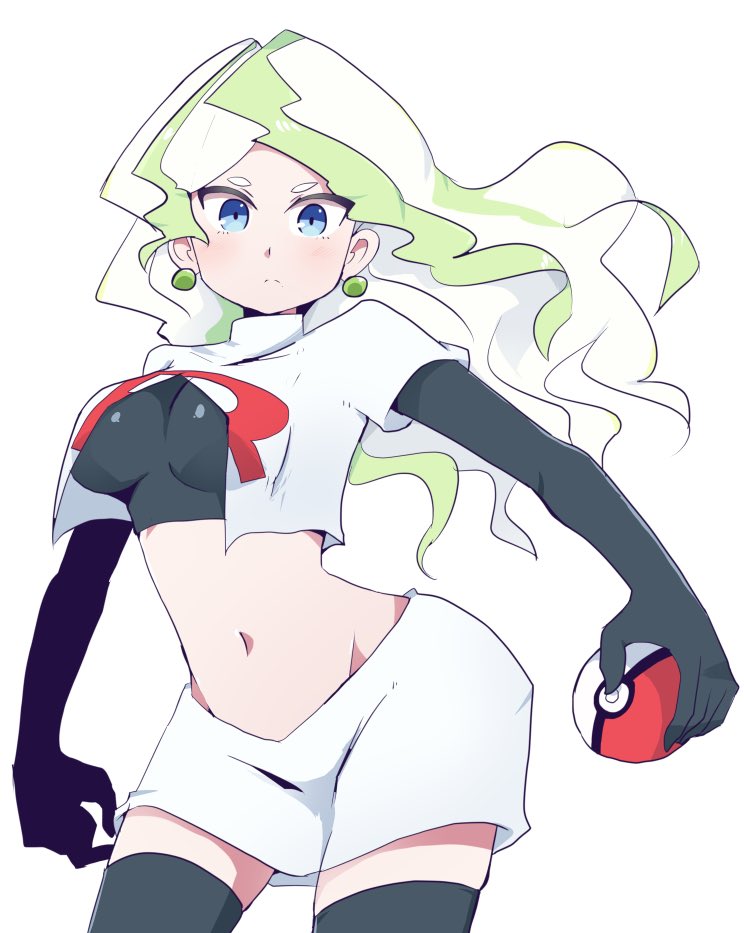 1girl black_gloves blue_eyes breasts closed_mouth cosplay diana_cavendish earrings elbow_gloves gloves hys-d jessie_(pokemon) jessie_(pokemon)_(cosplay) jewelry light_green_hair little_witch_academia long_hair looking_at_viewer midriff navel pokemon pokemon_(anime) simple_background skirt solo team_rocket team_rocket_uniform thigh-highs white_background white_skirt