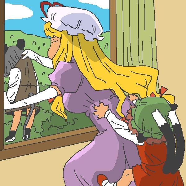 3girls animal_ears back blonde_hair bow brown_hair cat_ears cat_tail chen closed_eyes commentary_request curtains dress gloves grey_hair hair_bow hair_ornament hat holding jpeg_artifacts long_hair long_sleeves mob_cap mouse_ears mouse_tail multiple_girls multiple_tails nazrin onikobe_rin puffy_sleeves purple_dress shirt short_hair short_sleeves skirt skirt_set tail touhou truth vest white_gloves window yakumo_yukari