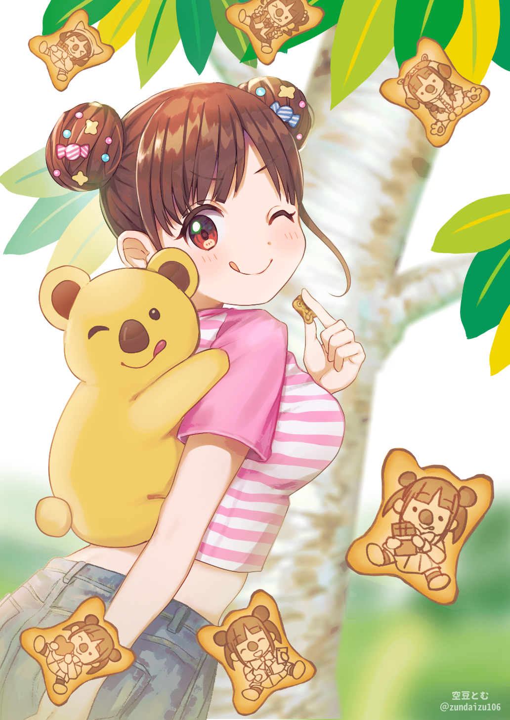1girl ;q bangs blurry blush breasts brown_hair candy candy_hair_ornament carrying closed_mouth commentary_request crop_top denim denim_skirt double_bun food food_themed_hair_ornament from_side hair_ornament highres idolmaster idolmaster_shiny_colors koala looking_at_viewer medium_breasts one_eye_closed palm_tree piggyback red_eyes shirt short_hair short_sleeves skirt smile solo sonoda_chiyoko soramame_tomu striped striped_shirt tongue tongue_out tree