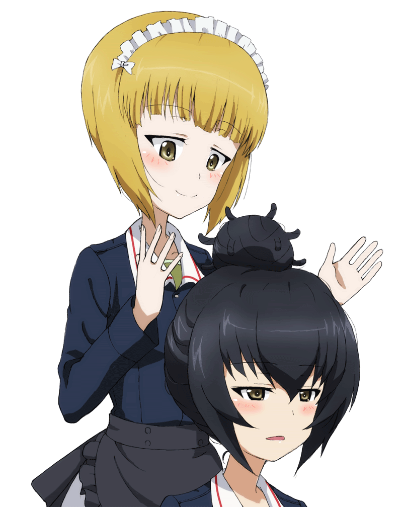 2girls alternate_hairstyle apron black_hair blonde_hair cutlass_(girls_und_panzer) frilled_hairband frills girls_und_panzer hair_bun hairband kayabakoro multiple_girls ooarai_military_uniform parody reizei_mako short_hair white_background yurucamp