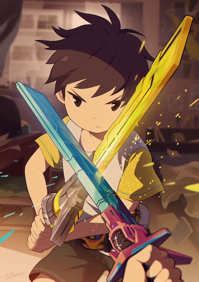 1boy blurry blurry_background brown_hair fighting indoors looking_at_viewer male_focus noeyebrow_(mauve) original pov short_hair shorts sparks sword weapon